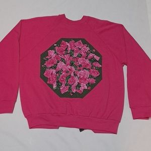 Upcycled Grannycore Floral Dresden Plate Patchwork Hot Pink Sweatshirt Cardigan